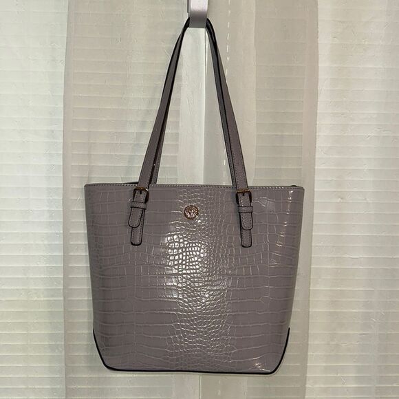 Anne Klein Gray Silver Tone Hardware Croc Embossed Faux Leather Tote - Picture 1 of 12